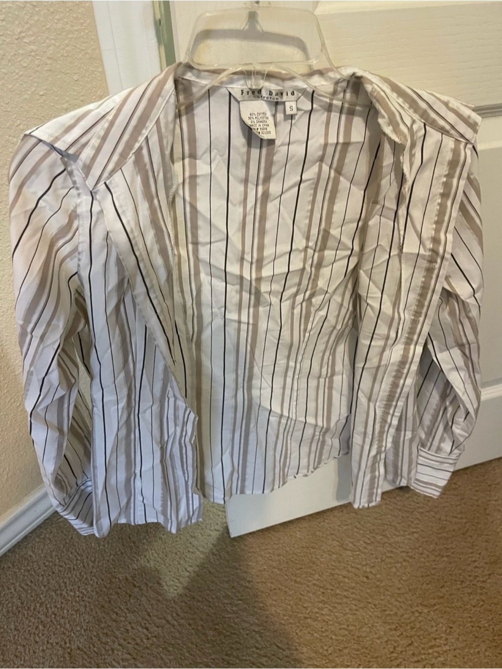 Fred David White, Taupe & Navy Striped Button-Down Shirt